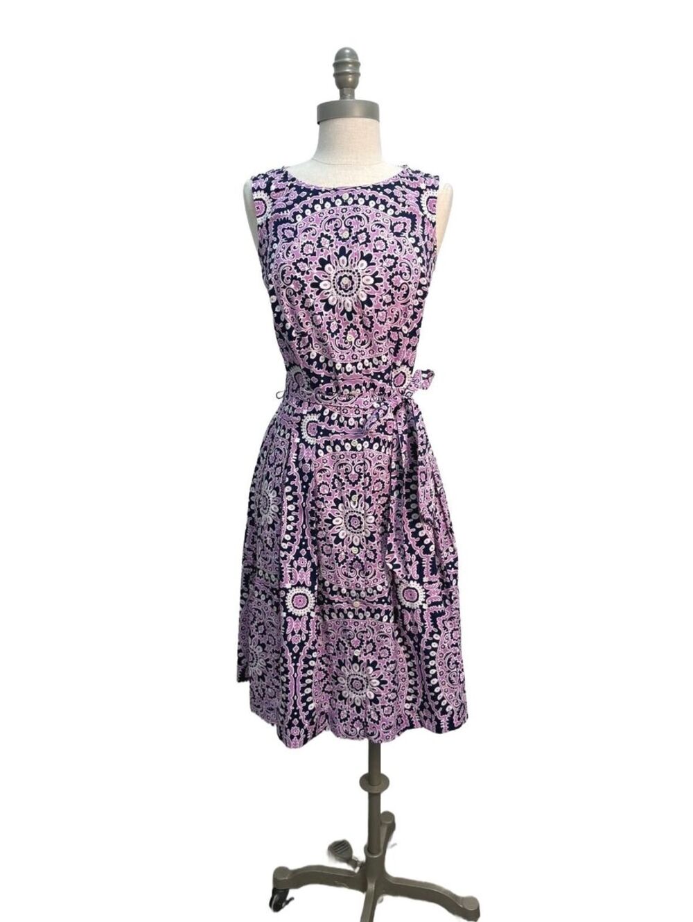 Talbots Petite 2P Sleeveless Cotton Dress Pink Navy Paisley Pattern Waist Tie